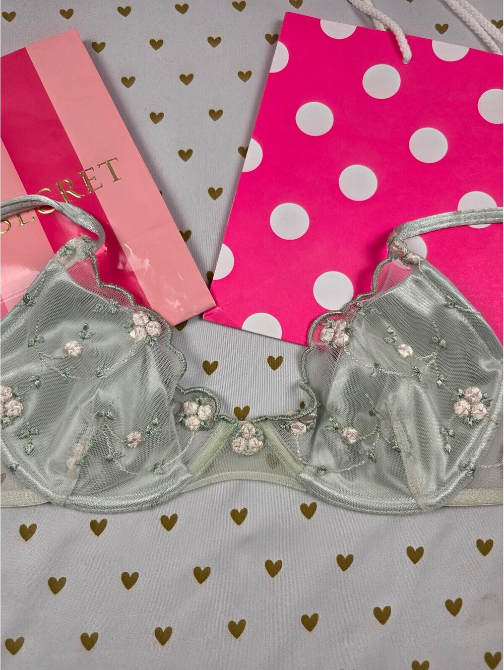 Vintage 2002 Victoria's Secret Bra Mint Green Pink Floral Embroidered Y2K 34B